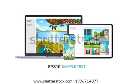 set laptop tablet and smartphone with beautiful wallpapers on screens realistic mockup gadgets and devices
