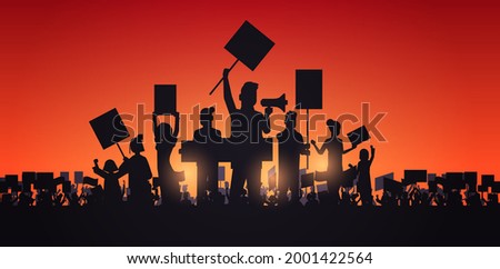 silhouette of people crowd protesters holding protest posters men women with blank vote placards demonstration speech political freedom concept horizontal portrait