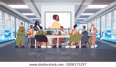 businesspeople having online conference mix race business people discussing with businesswoman during video call