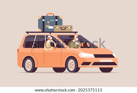 funny old family driving in car on weekly holiday senior travelers couple traveling by active old age concept