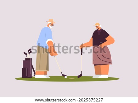 senior woman man couple playing golf aged family players taking a shot active old age concept