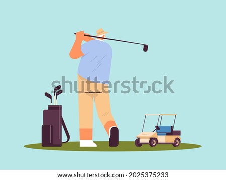 senior man playing golf aged player taking a shot active old age concept horizontal full length