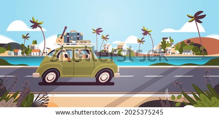 old family driving in car on weekly holiday senior travelers couple traveling by active old age concept