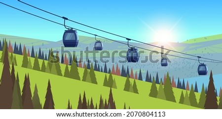 mountains with cableway green grass pines and fir trees ski resort in springtime summer vacation concept beautiful landscape