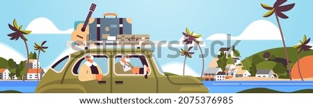 old family driving in car on weekly holiday senior travelers couple traveling by active old age concept