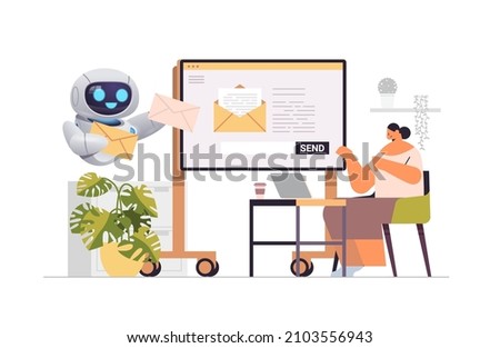 businesswoman with robot helper sending or receiving letters email inbox message notification artificial intelligence
