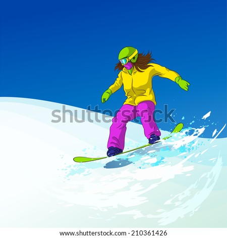 Snowboarder sliding down the hill, female snowboarding on snow mountains slopes, Vector Illustration