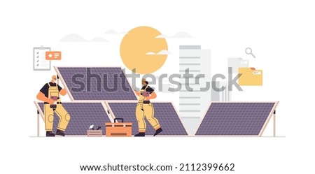 technician workers near solar panels station engineers checking alternative energy and using sunlight for producing electric
