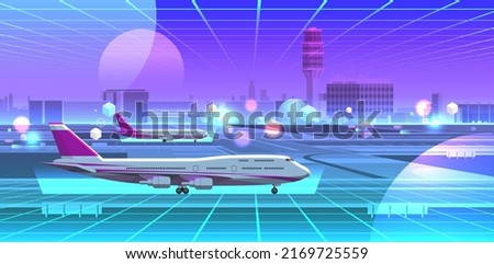 airport terminal with aircraft flying plane taking off neon view through VR glasses metaverse virtual reality technology