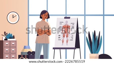 woman physiotherapist presenting human body organ system on board generation z lifestyle concept