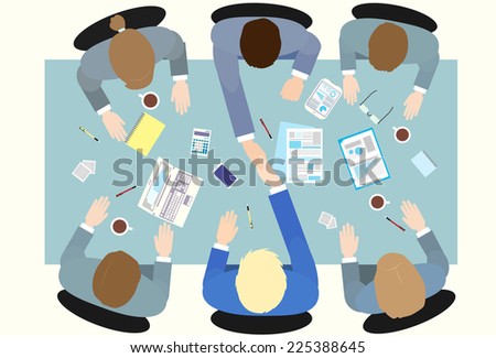 Business people handshake meeting signing agreement, businessmen hand shake sitting at desk work group top angle view vector illustration
