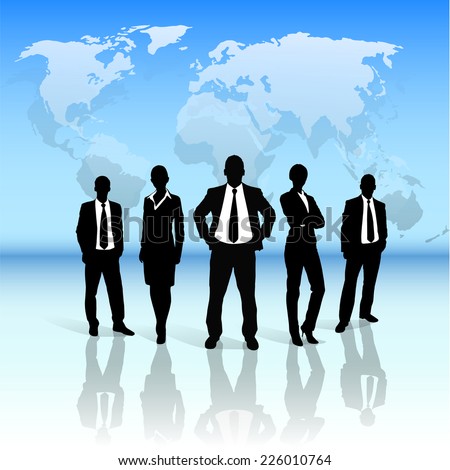 Business people group black silhouette concept businesspeople team over world map background