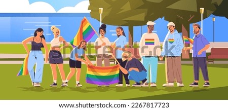 people holding lgbt rainbow flags in urban park gay lesbian love parade pride festival transgender love generation Z
