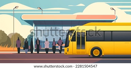 people at public transport bus station comfortable moving concept horizontal cityscape background