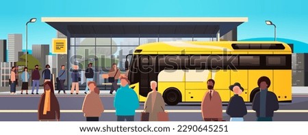 mix race people at public transport bus station comfortable moving concept horizontal cityscape background