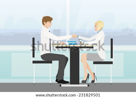 Business people handshake meeting signing agreement, businessman and businesswoman hand shake sitting at desk work vector illustration