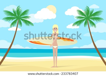 surfer woman with surfing board palm tree summer holiday ocean beach vector illustration