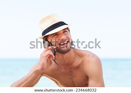 man cell phone call smile on beach summer vacation, Handsome young male wear hat, guy over sea blue sky, communication concept ocean holiday travel