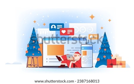 santa claus in red costume using chatting apps online communication social media network happy new year merry christmas holidays