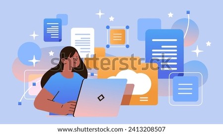 girl student using online storage on laptop screen file transfer connection docs information migration access to remote documents education day
