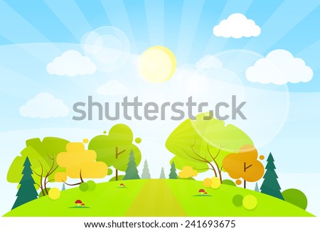 summer landscape mountain forest road blue cloud sky with sun green grass and tree woods flat design vector illustration