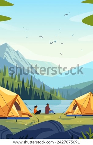 tent camp with campers sitting at river bank tourists couple resting outdoors summer landscape with people at campsite vertical