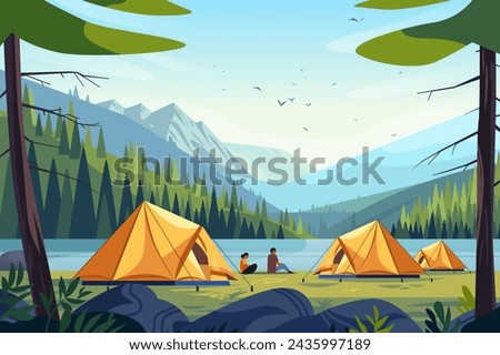 tent camp with campers sitting at river bank tourists couple resting outdoors summer landscape with people at campsite