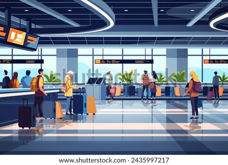 passengers with luggage in arrival waiting room self check in at automatic machine or buying tickets in interactive terminal airport interior