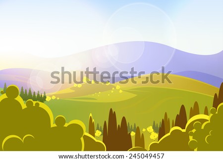 autumn yellow mountains tree valley landscape vector illustration