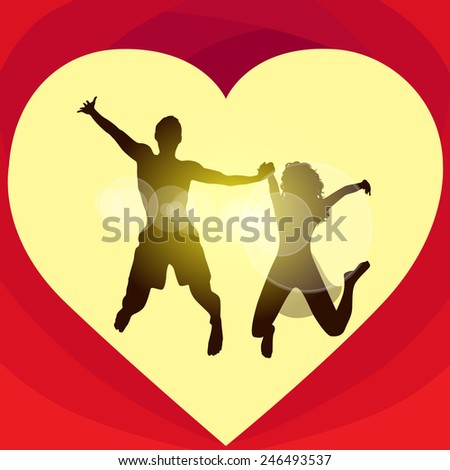 Couple love red heart shape jump valentine day holiday, Valentine's gift card vector illustration