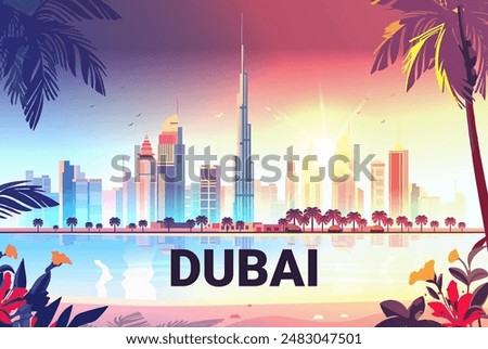 Dubai city skyline at sunset with palm trees and beach in foreground Colorful skyscrapers and Burj Khalifa reflecting in water Vibrant tropical plants and birds