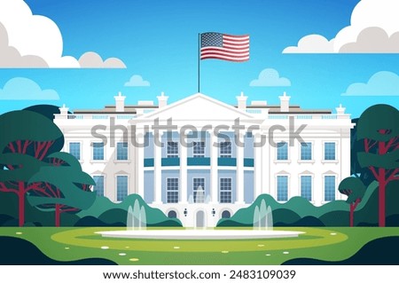 White House US presidential election American flag iconic building front view with garden trees blue sky clouds background