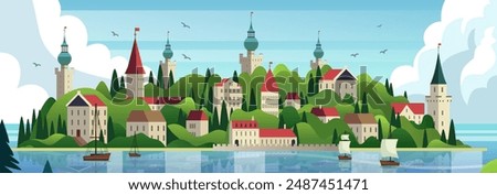 Castle town landscape with sailboats Towering castles and buildings on lush green hills by the water with sailboats clouds and birds in the sky