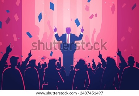 US presidential election candidate giving speech vibrant scene with crowd silhouettes confetti raised hands pink and blue tones political rally