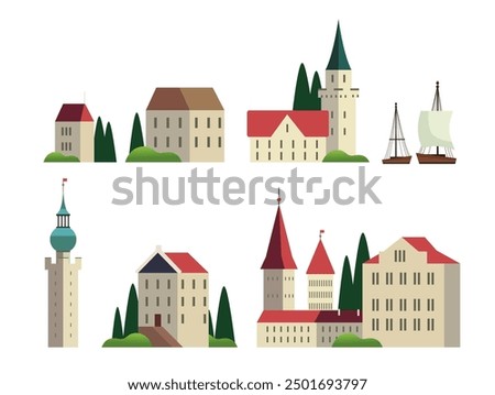 Touristic travel cards tickets series various travel destinations castles buildings trees ships flat design