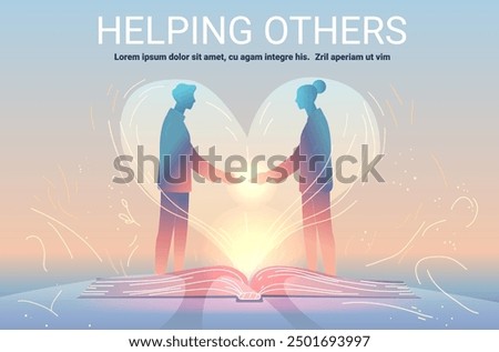 Helping Others Mental Health Concept Two people standing and reaching out to each other with glowing light from an open book heart-shaped light background