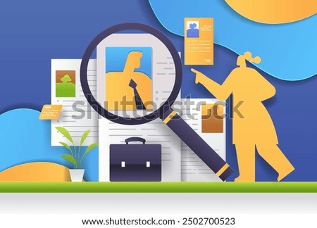 Job recruitment concept magnifying glass resumes silhouettes. Illustration shows magnifying glass over resumes with a person pointing briefcase plant abstract background. Paper cut style