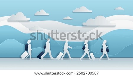 Travelers with luggage walking in line paper cut style silhouettes clouds blue background