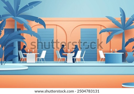 Outdoor cafe scene with people dining tropical palms and modern architecture in blue and orange tones paper cut style