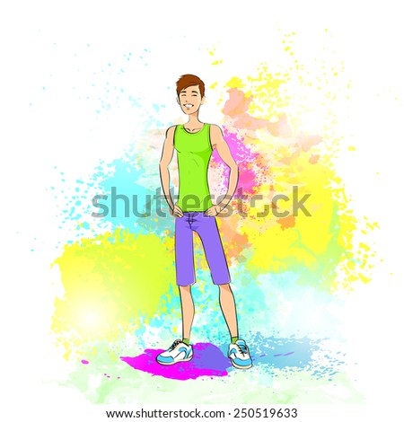 Sport man fitness trainer, athletic muscle over colorful splash paint background, vector illustration