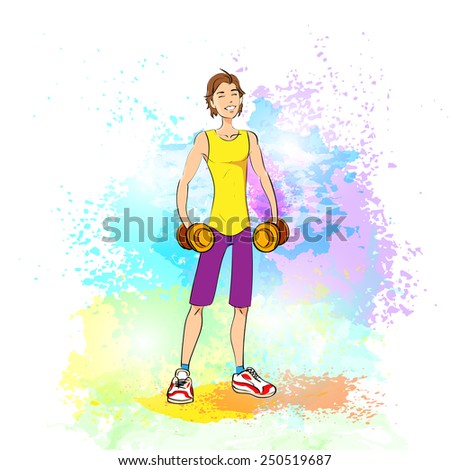 Sport man hold dumbbells fitness trainer, bodybuilder athletic muscle over colorful paint splash background, vector illustration