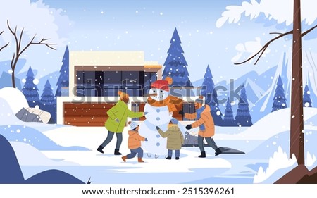 Family building snowman in snowy winter landscape with modern house pine trees mountains snowflakes