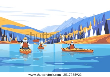 Kayakers on lake surrounded by mountains outdoor adventure nature scenic landscape vibrant colors digital art travel recreation water sports