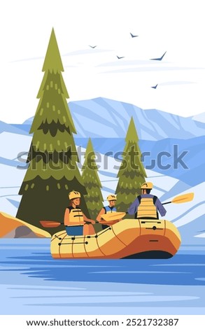 Rafting adventure in mountain river with pine trees and snow-capped peaks people in raft wearing safety gear paddling blue water scenic nature