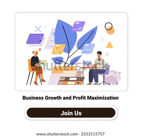 Business growth and profit maximization concept two people with laptops plant growing from folders financial icons minimalist background