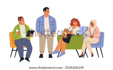 Business team meeting diverse colleagues discussing projects in modern office setting colorful chairs laptops casual attire