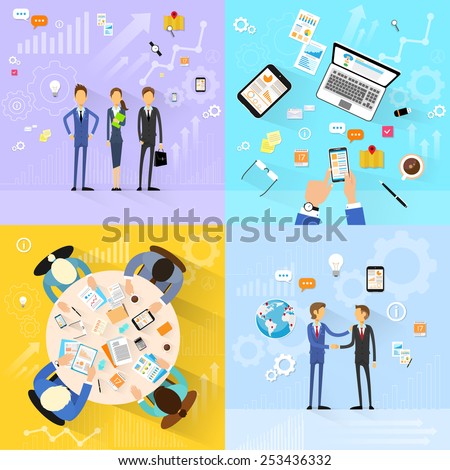 business people group working set, handshake meeting, team working flat design vector illustration