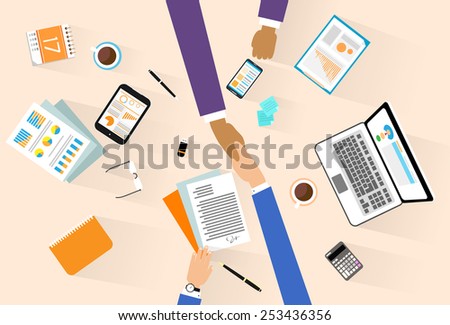 Business people handshake meeting signing agreement, businessmen hand shake sitting at desk top angle view vector illustration