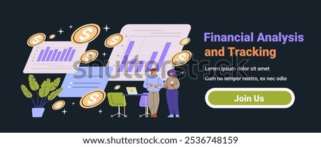 Financial analysis tracking concept charts coins people interacting office setting dark mode interface web mobile design