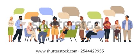 Business meeting diverse team discussing ideas colorful speech bubbles people interacting modern office setting